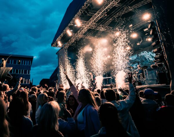 A large gathering of people enjoying a festive concert on a sunny day, their joy and delight illuminated by fireworks in the evening sky